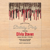 Elegante zwart rood goud druppels glitter verjaard acryl uitnodigingen (Voorkant)