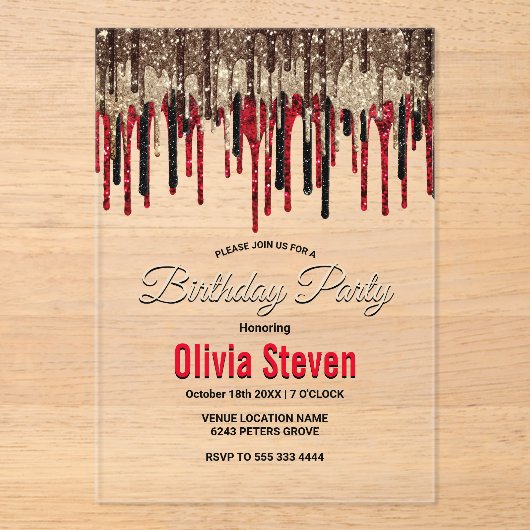 Elegante zwart rood goud druppels glitter verjaard acryl uitnodigingen (Voorkant)