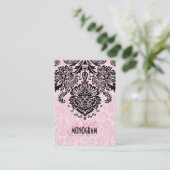 Elegante zwart & roze bloemdamast visitekaartje (Staand voorkant)