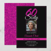 Elegante Zwart & Roze Glitter Foto 60e Verjaardag Kaart (Voorkant / Achterkant)