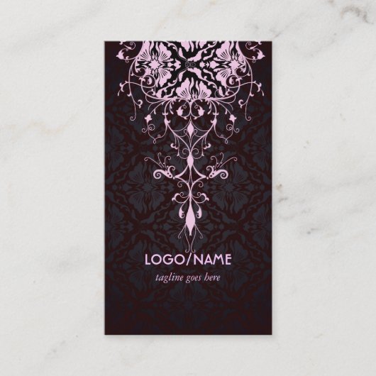 Elegante zwart & roze look  bloemdamast visitekaartje (Voorkant)