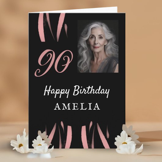 Elegante zwart roze Waterverf 90ste verjaardag fot Kaart