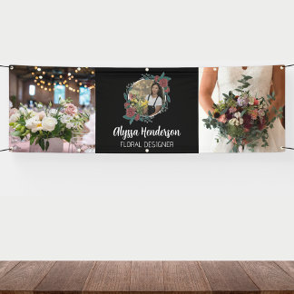 Elegante Zwart & Wit 3 Foto Logo Bloemige Ontwerpe Spandoek