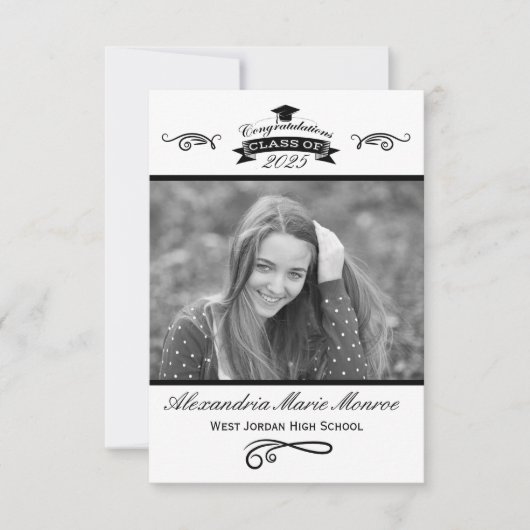 Elegante Zwart & Wit - 3x5 Diploma Uitnodiging (Voorkant)