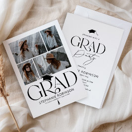 Elegante Zwart & Wit 4 Foto's Afstudeerfeest Kaart