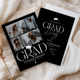 Elegante Zwart & Wit 4 Foto's Afstudeerfeest Kaart