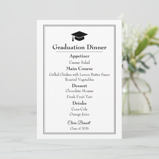 Elegante zwart-wit afstudeermenukaart 2026 menu (Staand voorkant)