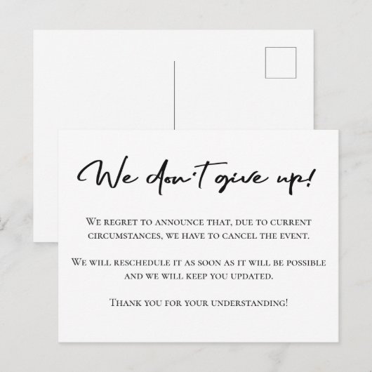 Elegante zwart-wit annuleringsaankondiging briefkaart (Voorkant / Achterkant)