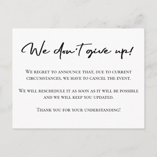 Elegante zwart-wit annuleringsaankondiging briefkaart (Voorkant)