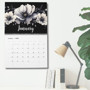 Elegante Zwart Wit Aquarel Bloemmotief Kalender