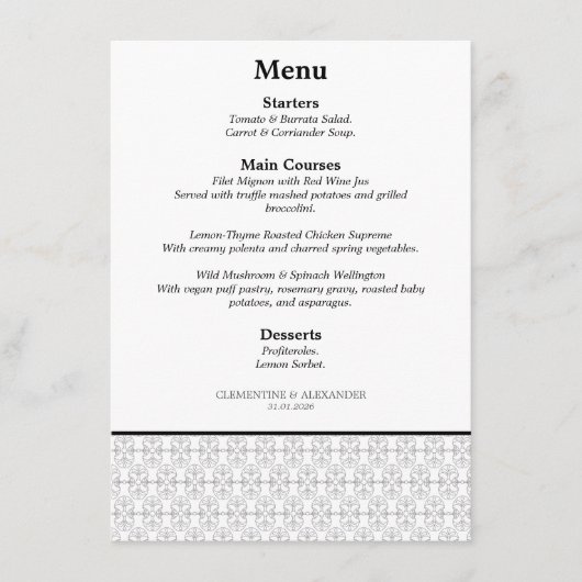 Elegante zwart-wit Art Deco-stijl Menu (Voorkant)