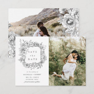 Elegante Zwart-Wit Bloem Foto Save The Date Kaart