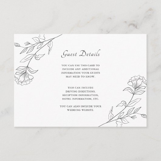 Elegante zwart-wit bloemen gastgegevens informatiekaartje (Voorkant)