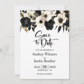 Elegante Zwart Wit Bloemen Huwelijk Save the Date Kaart (Voorkant)