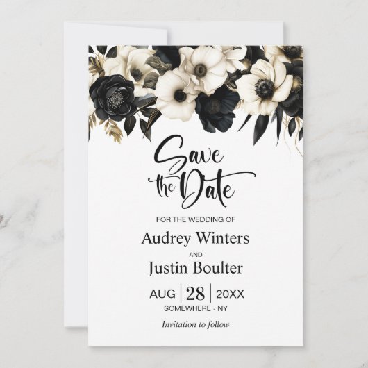 Elegante Zwart Wit Bloemen Huwelijk Save the Date Kaart (Voorkant)
