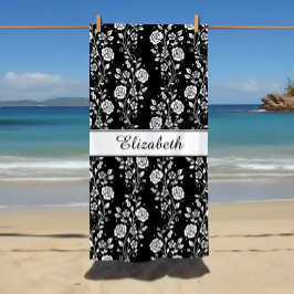 Elegante Zwart & Wit Bloemen Naam Strandlaken