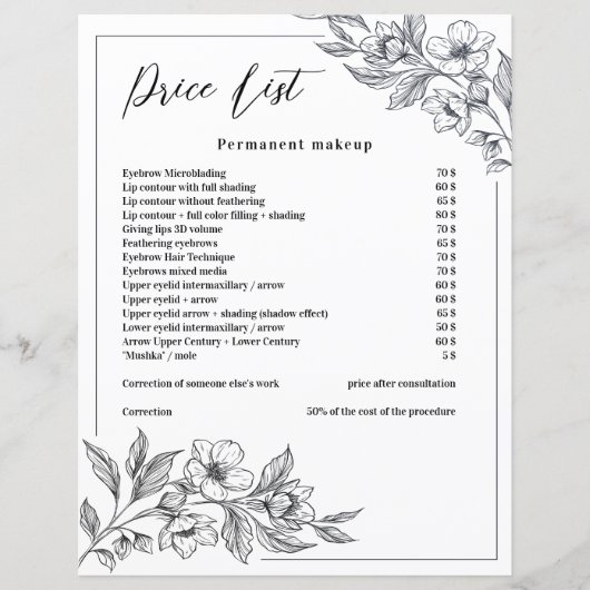 Elegante zwart-wit bloemen schoonheid prijslijst (Voorkant)