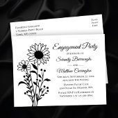 Elegante zwart-wit bloemen verlovingsfeest briefkaart