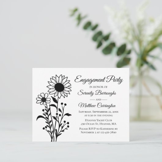 Elegante zwart-wit bloemen verlovingsfeest briefkaart (Staand voorkant)