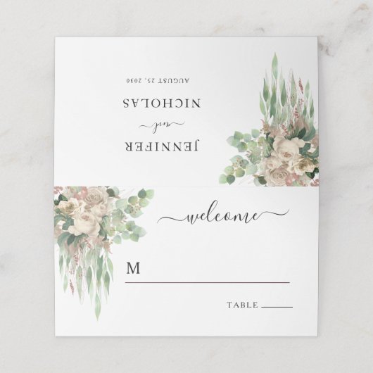 Elegante zwart-wit bloemenbruiloft plaatskaartje (Buitenkant ongevouwen)