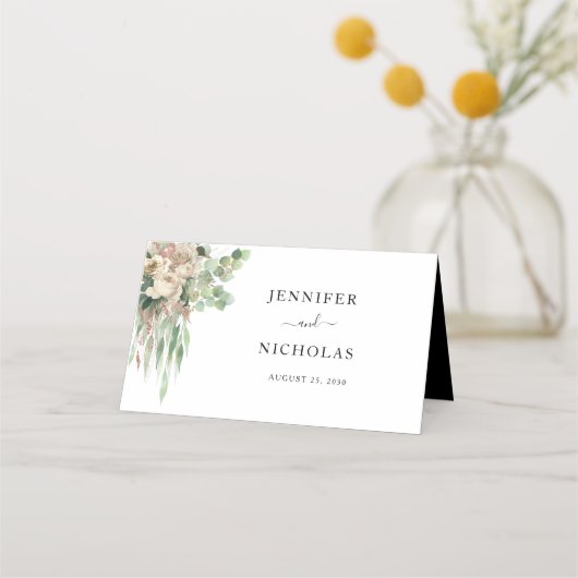 Elegante zwart-wit bloemenbruiloft plaatskaartje (Achterkant)