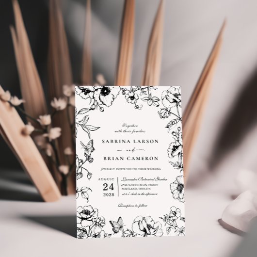 Elegante zwart-wit bloementuin bruiloft kaart