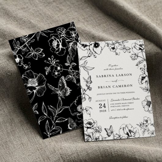 Elegante zwart-wit bloemetuin bruiloft kaart