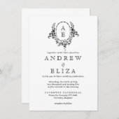 Elegante zwart-wit bloemige monogram bruiloft kaart (Voorkant / Achterkant)