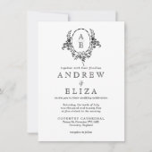 Elegante zwart-wit bloemige monogram bruiloft kaart (Voorkant)