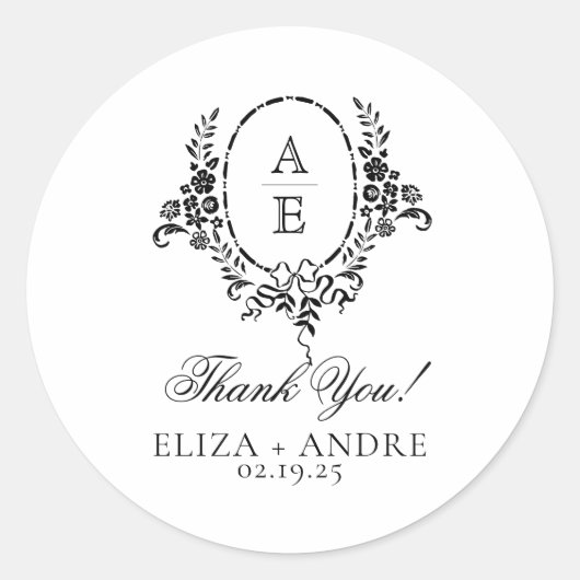 Elegante zwart-wit bloemige monogram bruiloft ronde sticker (Voorkant)