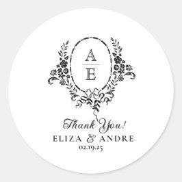Elegante zwart-wit bloemige monogram bruiloft ronde sticker