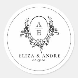 Elegante zwart-wit bloemige monogram bruiloft ronde sticker