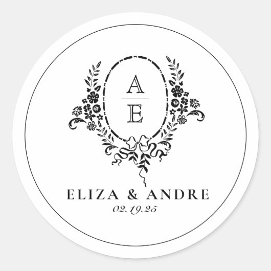 Elegante zwart-wit bloemige monogram bruiloft ronde sticker (Voorkant)
