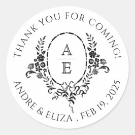 Elegante zwart-wit bloemige monogram bruiloft ronde sticker