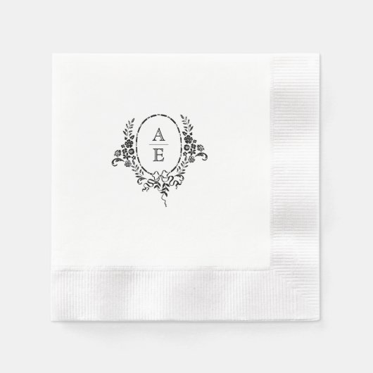 Elegante zwart-wit bloemige monogram bruiloft servet (Voorkant)