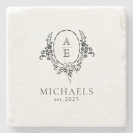 Elegante zwart-wit bloemige monogram bruiloft stenen onderzetter