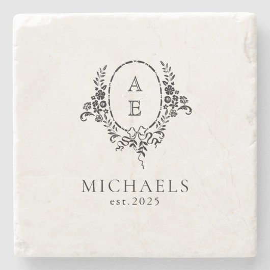 Elegante zwart-wit bloemige monogram bruiloft stenen onderzetter (Voorkant)