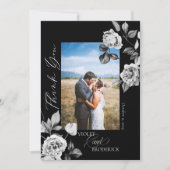 Elegante zwart-wit bloemige trouwfoto bedankkaart (Voorkant)