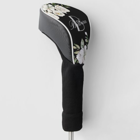 Elegante zwart-wit bloemmonogram naam golfheadcover (Schuin)