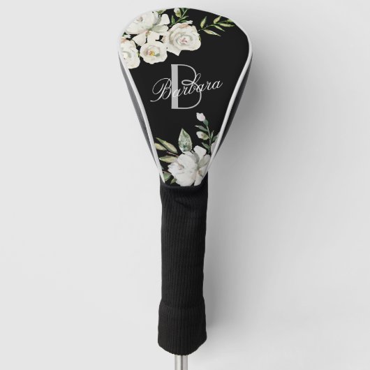Elegante zwart-wit bloemmonogram naam golfheadcover (Voorkant)