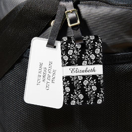 Elegante Zwart-Wit Bloemmotief Bagagelabel