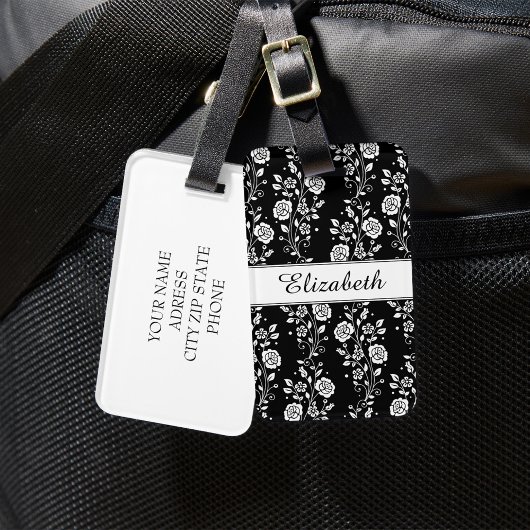 Elegante Zwart-Wit Bloemmotief Bagagelabel