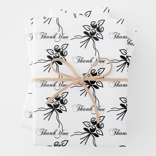 Elegante zwart/wit bloemmotief Bedankt Occasion Inpakpapier Vel (In situ)