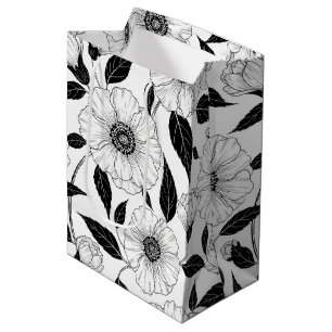 Elegante zwart-wit bloemmotief in lijnkunst (1) medium cadeauzakje