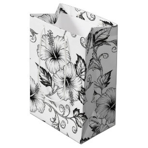 Elegante zwart-wit bloemmotief lijnkunstpatroon (3 medium cadeauzakje