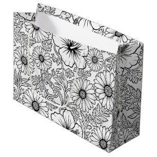 Elegante zwart-wit bloemmotief lijnkunstpatroon (4 groot cadeauzakje