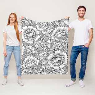 Elegante zwart-wit bloemmotief lijnkunstpatroon (6 fleece deken