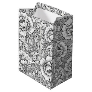 Elegante zwart-wit bloemmotief lijnkunstpatroon (6 medium cadeauzakje