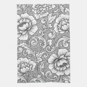 Elegante zwart-wit bloemmotief lijnkunstpatroon (6 theedoek