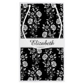 Elegante zwart-wit bloemmotief naam klein cadeauzakje (Achterkant)